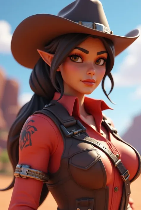 a close up of a woman in a cowboy outfit posing for a picture, realism in style of fornite game, epic angle and pose, in the skin of fortnite, as a fortnite character, screenshot from fortnite, fortnite character, rendered in sfm, lovely brigitte from over...