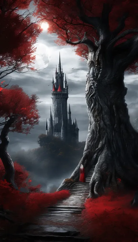 dark fantasy, dark tower of magic, high and inaccessible, without enter, high wall,  protected by a dark and cursed grove that rounded tower around and protect her, dark lighting, dark atmosphere, scary trees in the grove, piercing view, 3 moons in the sky...