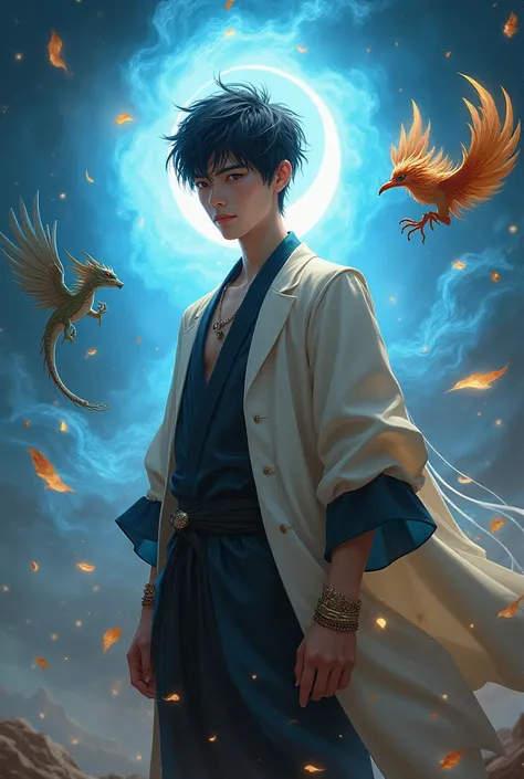  is a sophisticated and complex fantasy portrait that shows a seventeen-year-old man with a dashing and determined figure with a halo.,  with a large bright blue light in the background. , A bright black hair , , a dragon and a flying phoenix , , golden li...