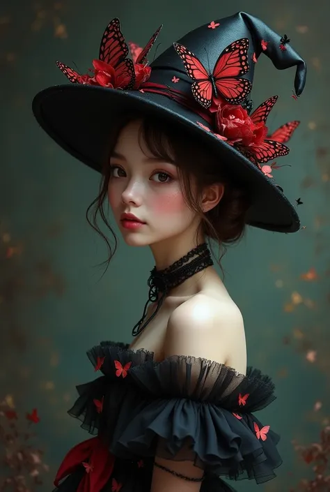 Pretty teen women with bun hair with butterfly goth hat,  face to the side, black red butterfly romantic gothic dress style, gothic background