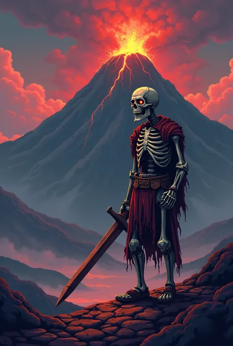 Close up pixel art of a skeleton soldier living on a volcano