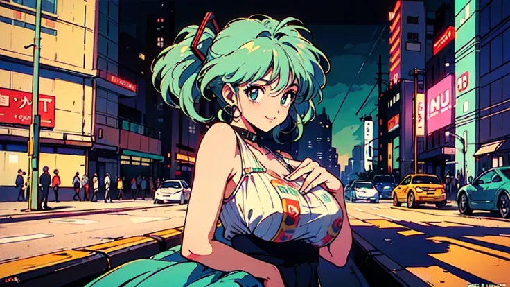 ( super huge boobs:1.3),(80s, retro, city pop poster:1.5), (album cover), (masterpiece, best quality, intricate detail), (anime, illustration), (pastel colors:1.3), best photo pose,  Hatsune Miku , iconic blue-green twin-tails with signature hair accessori...