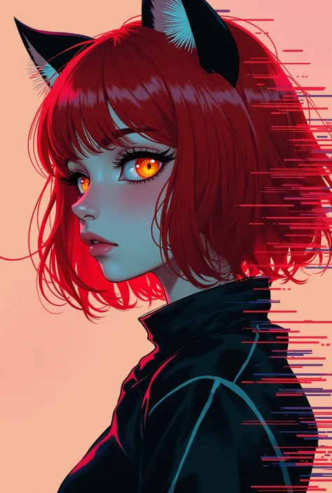 ( Masterpiece,  measurements, , best quality, Formal Arts,  beautiful and aesthetic:1.2), 1 girl, Red hair color, Cat ears, (Glitch Art), ( digital distortion ), Pixel fragments, Data Fraud,Colorful sounds,  visual chaos,Contemporary beauty 