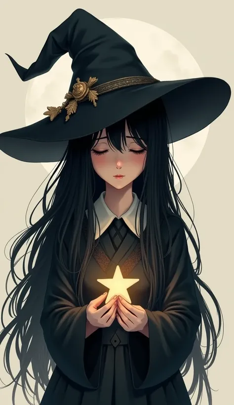 witch　 girl　 black hair,  closed eyes,  holding a star , witchの帽子,  with a little bit of sadness,  shortcuts, Hide your chest　 from head to chest　 front