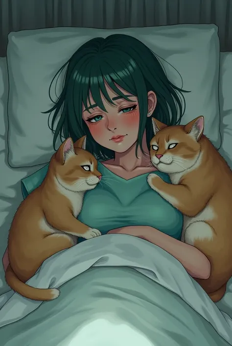 The woman, wearing a patient gown, with short green hair, was lying crying on the bed but received a hug from two fat cats.