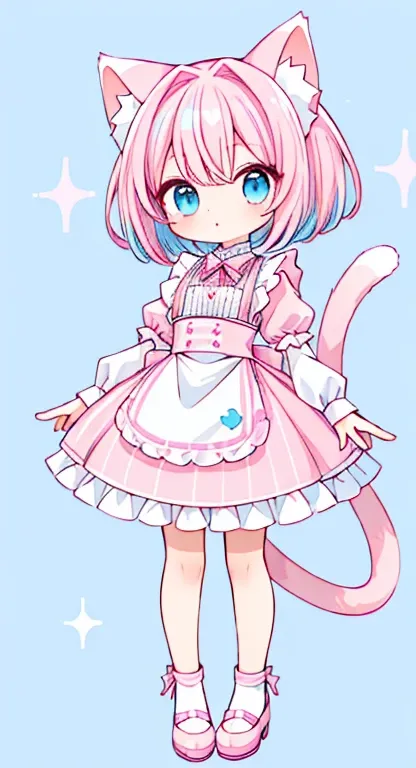 ((1garl)), (((pink and light blue))) ((streaked hair)), highlights hair,,standing,   top quality,  unbelievably ridiculous,  very detailed, 2.5D,   delicate and dynamic , Chibi, cute girl, with cat ears, cat tail, 
maid , very short hair, bob cut, full bod...