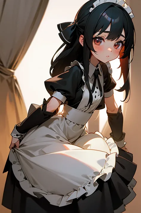 Black long-haired loli, wearing a maid outfit,  more flesh, cute two-dimensional, background backlit HD