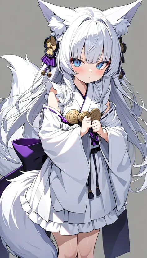 Musashi, Japanese legend, loli, sleepy, standing, looking at viewer, long hair, white hair, with star-shaped irises, big eyes, short, frilled clothing, miko, with a bow, with fox ears, with fox tail, , full body shot, solid gray background ,hyper detailed ...