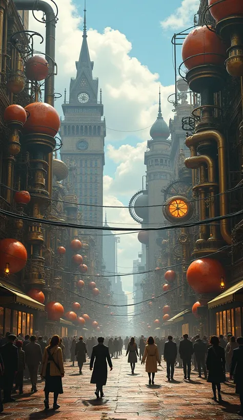 Steampunk cityscapes blend 1980s style with intricate details, showcasing people walking amidst vibrant, realistic settings of past and future harmony.