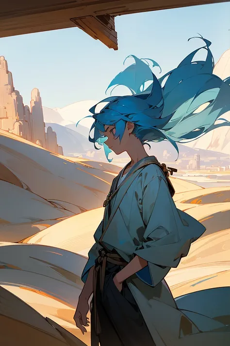 Beautifully drawn, high quality, ultra-detailed CG illustration of a young man with a serene expression, gazing into the distance with his striking light blue hair gently waving in the desert breeze. The scenery behind him is vast and breathtaking, drawing...