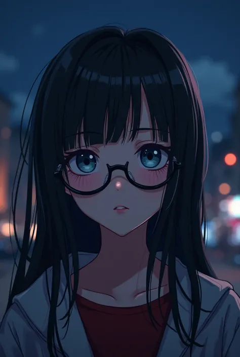 Highly detailed portrait of a young girl, a solitary individual with long hair, wearing modern punk-style glasses, set against a nighttime background, anime illustration style. Full HD and vector format. Conviction mood facial expression.