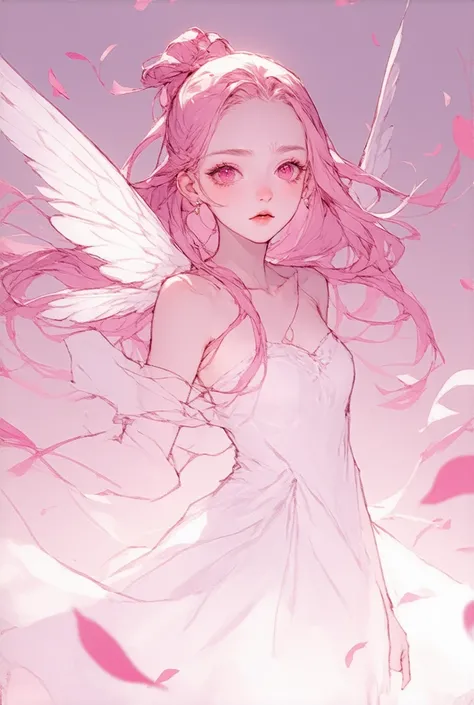 、、Beautiful feathers、Dragonfly-like wings 、 thin eyebrows、Thin nostrils、Straight nose bridge、、 ponytail、 long hair on background、 pink hair、 pink eyes、巻き毛の ponytail、、、 dress、 precise face、 is angry、 wind blows、（ viewers：1.7）、 dynamic pose、slap、 jump、 full ...