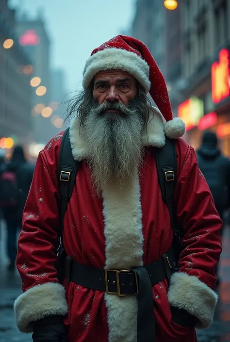 homeless man disguised as Santa Claus