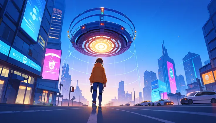 back mid view shot, third person perspective, game scene full of busy game fantasies,, "A futuristic adventure game environment where an anime girl explores on a futuristic bike a sci-fi city filled with day lights, flying cars, and holographic billboards....