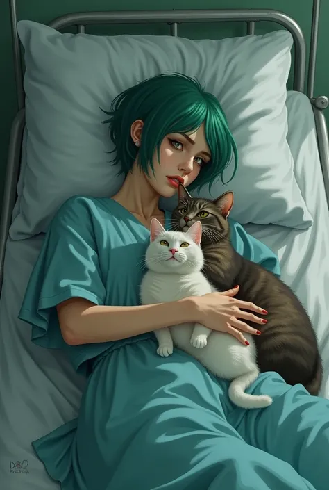 The woman, wearing patient gowns, short green hair, sad eyes, is lying on a bunk bed but is hugged by two fat cats.