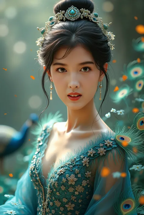 /I A Chinese girl wearing a gorgeous dress woven with peacock feathers blend into a girls dress The background is adorned with the figure of peacocks Extremely beautiful feather close-up super fine ultra-realistic sense of reality 8k --ar 3:4 --v 6.0