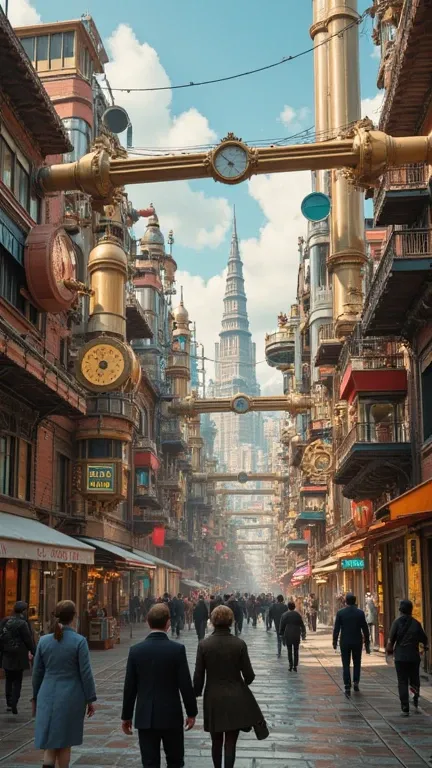 Steampunk cityscapes blend 1980s style with intricate details, showcasing people walking amidst vibrant, realistic settings of past and future harmony.