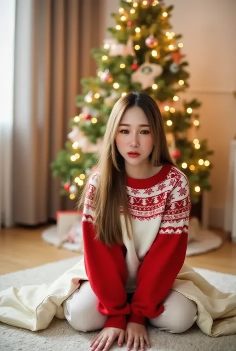 A Korean woman with smooth, radiant skin poses like a professional model taking photos in a bright and quiet atmosphere. She wears a red and white Christmas sweater , reflecting a relaxed atmosphere. The soft moonlight gently shines down on her, casting a ...