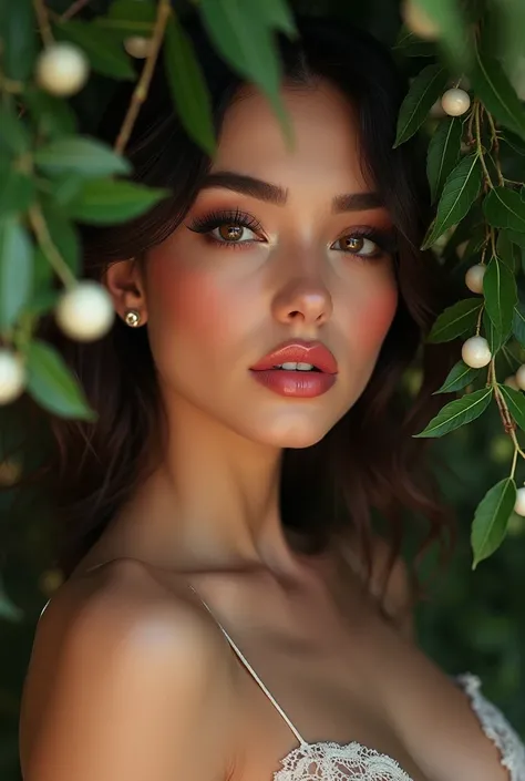 beautiful and sexy woman, brunette, white, hyper realistic, highly detailed face, beautiful detailed eyes, beautiful detailed lips, flawless shiny skin, heavy e-girl style makeup, kissing under the mistletoe, mistletone, posing under it