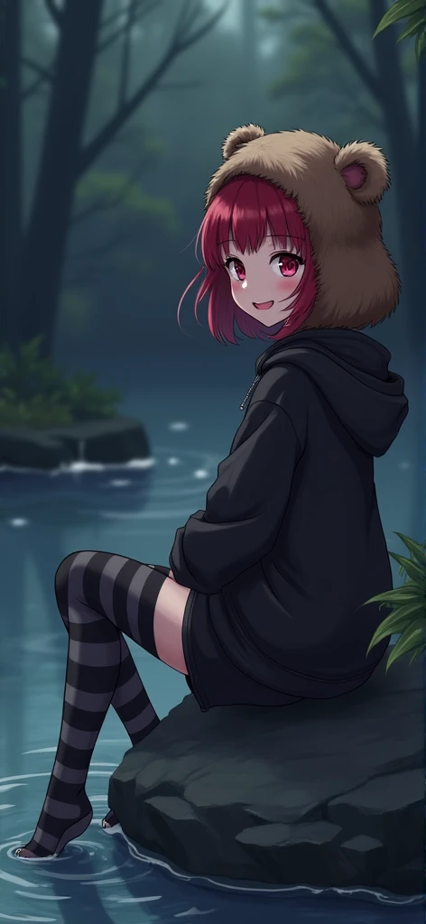  top quality,  1 girl,  waist-length scarlet hair ,  close scarlet eyes , Light pink blush ,  showing a sweet smile showing fangs ,  Black Hoodie ,  Black Shorts ,  thigh-high black and gray striped stockings,  Half turned to the audience  ,  sitting on a ...