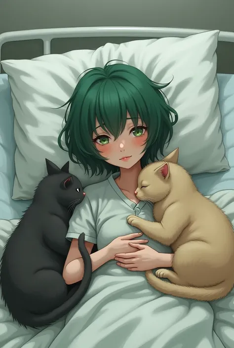 Woman wearing patient clothes, short green hair, sad eyes, smiling, lying in bed, hugging two fat cats