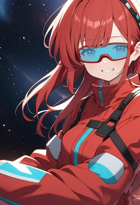 Among Us Red, 1 girl,  long red hair, red jumpsuit, smile, sky blue safety glasses, Space background, very delicate