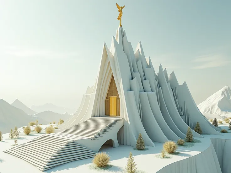 Design a Mormon-style church. But the shape must abstractly remind you of a dove. It must have the shape of a building, no animal. The dove is only abstract,  as I said.  It must have rhythmic elements of architectural segmentation. With the typical green ...