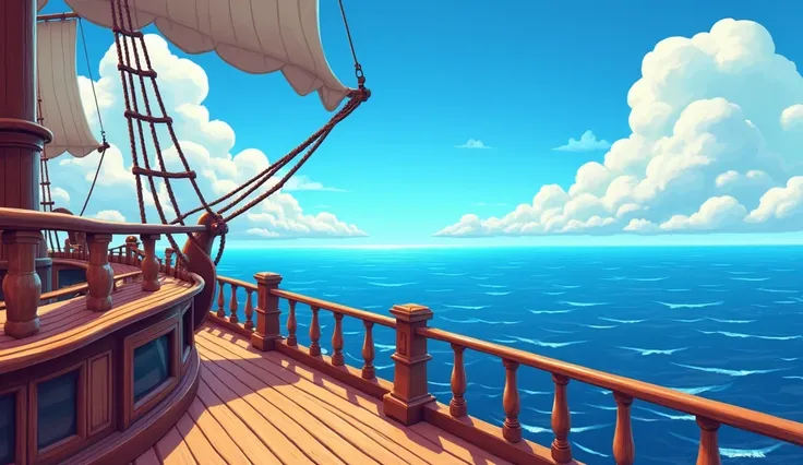  a pirates ship deck overlooking a vast, serene ocean with a bright blue sky and fluffy white clouds. The deck features decorative railings, ropes, and other nautical elements, creating an inviting and adventurous scene. visual style cheerful and whimsical...