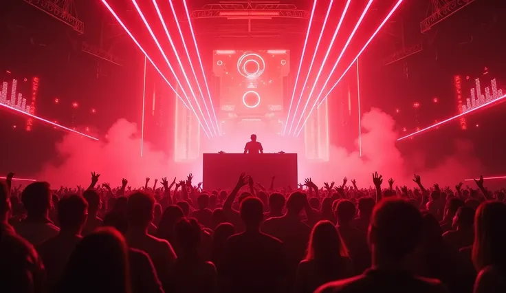 A futuristic and intense setting, lit by tones of neon red and deep black. A DJ in a stylized booth with pulsating lights, commanding an electronic music festival. The audience vibrates in sync with the beats, surrounded by lasers and smoke that create an ...