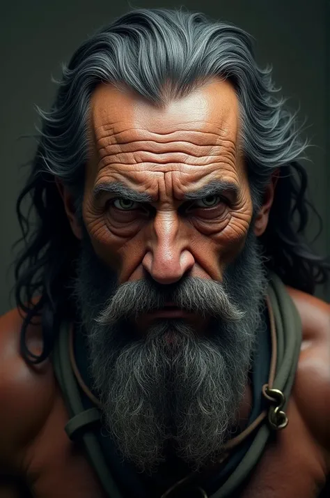 Blind eyes")+("Age face")+("muscular")+("black beard, moustache)+("tan skin")+("Black long hair") , Old man