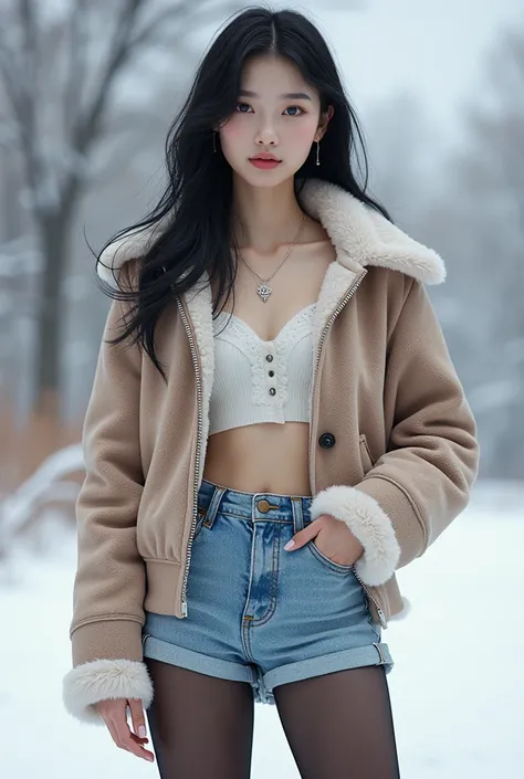 A Korean Girl High Waist Shorts Stockings UGG Snow Boots