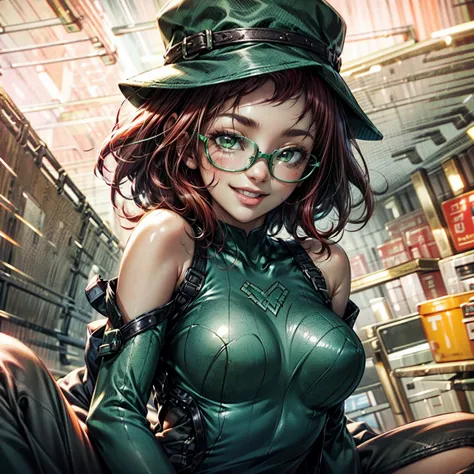 Short,  red hair ,  green eyes ,  metal-framed glasses ,  green witch hat , green bodysuit , smiling girl on a motorcycle.