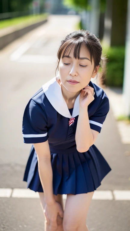 full body shot, from below,  Japanese woman with a viewing angle of, (Wife:1.6), (100 years old:1.6),  detailed face , (face waiting for kiss, half closed eyes:1.6), Facial wrinkles, Wrinkles around the eyes,  detailed skin texture, (Wifeの肌:1.6),  white sk...