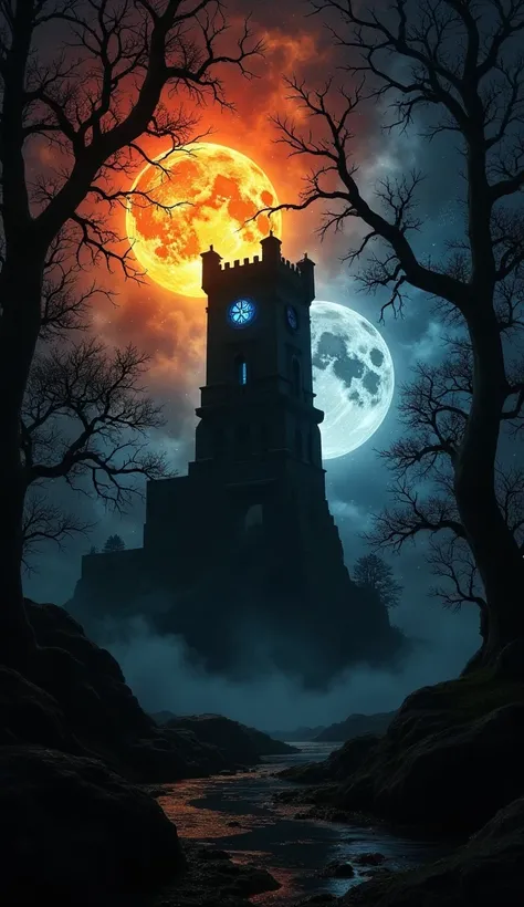 dark fantasy, dark tower of magic, high and inaccessible, without enter, high wall,  protected by a dark and cursed grove that rounded tower around and protect her, dark lighting, dark atmosphere, scary trees in the grove, piercing view, 3 moons in the sky...