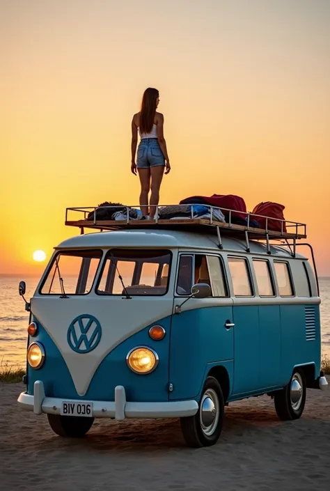 This image shows a blue and white bus parked on the beach with the ocean in the background. The bus has a boardwalk on top and is decorated with various items such as clothes, bags, and other camping gear. A woman is standing on the roof of the bus, lookin...