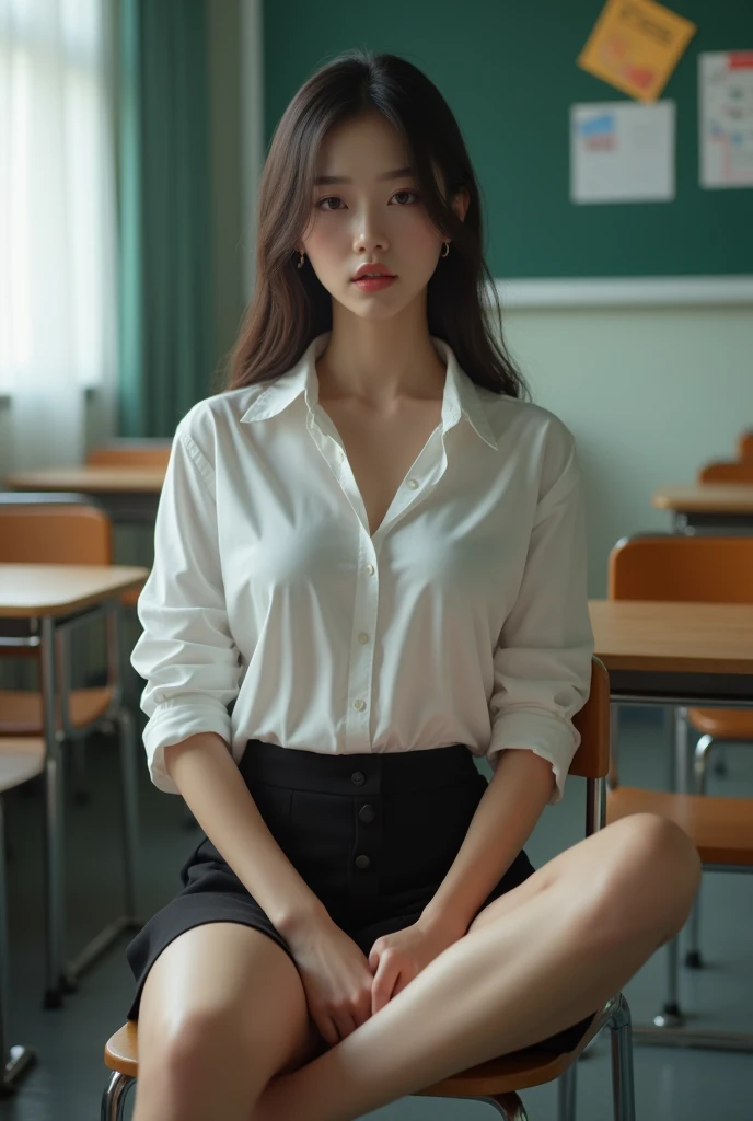 Seductive Korean schoolgirl , School classroom, A white shirt with slightly unbuttoned buttons,  black skirt ,  is sitting cross-legged in a chair, He is wearing his underwear,  Perfect face and body 