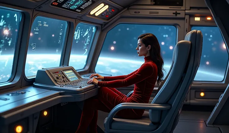 A woman in the cockpit of a spaceship, legs are visible, strict velvet uniform.  Realistic .