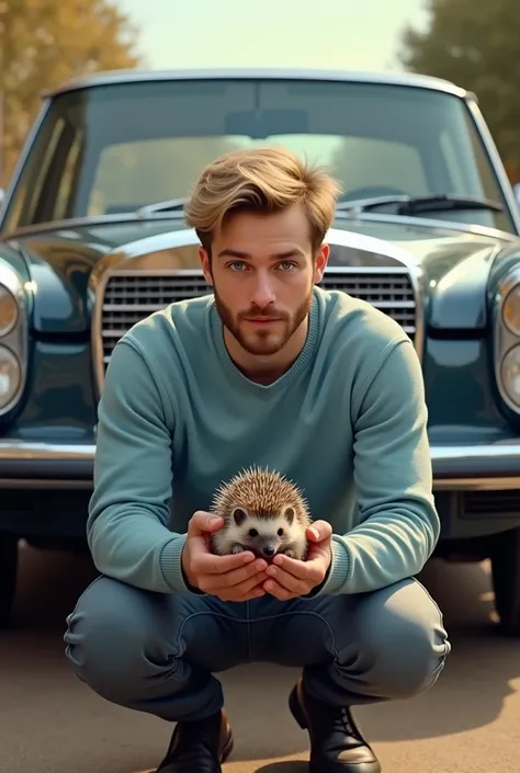 My husband who is 22 years old , Has blond short hair and blue eyes and a beard that squats in front of a dark-clawed Mercedes Benz W126 500SE from 1986 and caresses a hedgehog.  My husband is wearing a light blue sweater 