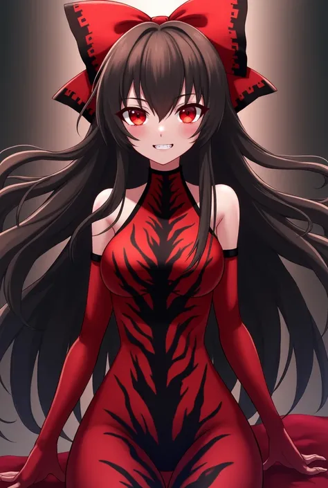  Hakurei Reimu in an anime-style Venom suit, she is a girl with long brown hair and red eyes、Im wearing a big red ribbon on my head、Im drowning in the power Ive gained and the villains smile is on my face、Posing、 She rules everything in this world 、There i...