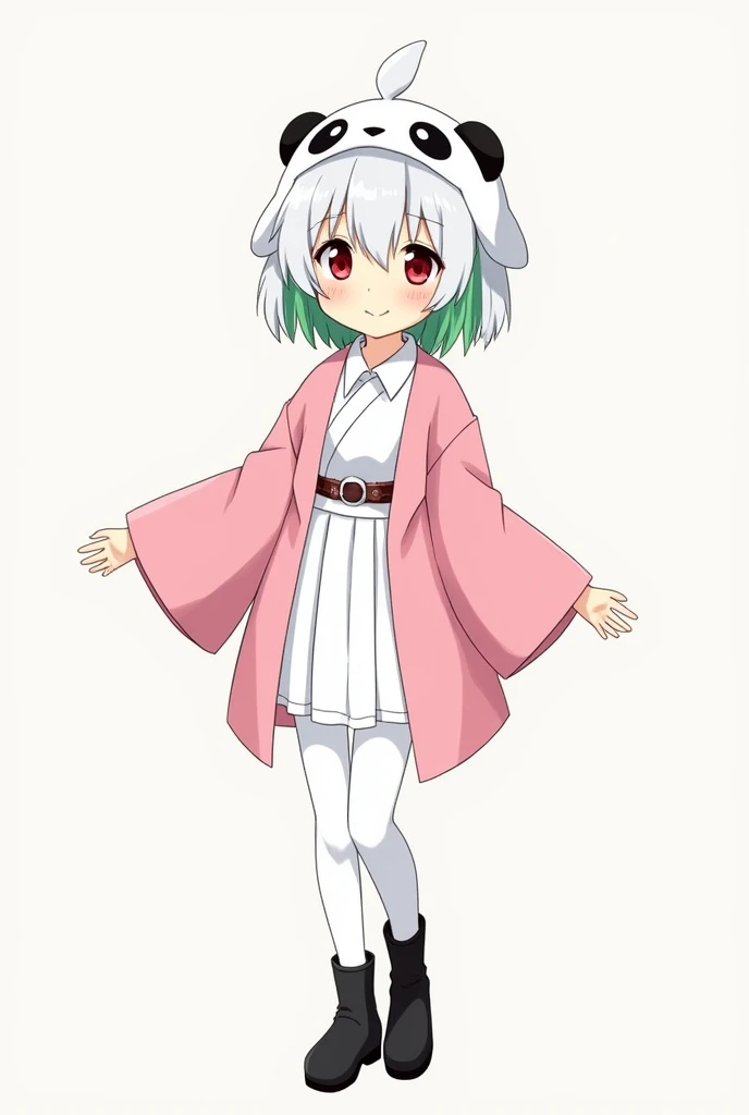  anime girl image, adolescent, short hair , white hair and green tips of hair,ruby eyes,  with white skirt and tights and black boots , white shirt with her pink haori , and panda hat ,Demons Slayer,  smiling 