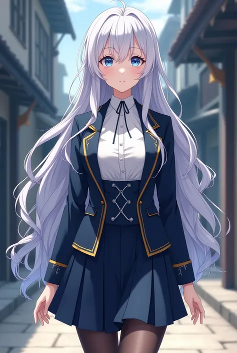 An anime-style depiction of a 16-year-old young woman attending a prestigious magical academy in a modern fantasy world. Her long, silvery-white hair is styled in soft waves, flowing gracefully down her back, with a few strands framing her face. Her sapphi...