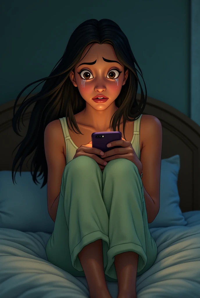  Close-up of an animated woman , inspired by Pocahontas ,  with tears streaming down her face .  She wears crumpled pastel green pajamas and her gaze is fixed on a cell phone screen, sitting on a round bed that shows its round shape .  the background is ou...