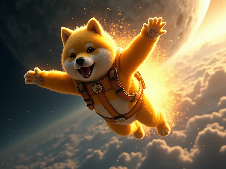 Realistic images,  baby doge coin,  skydive, Gold color, Explosive Power, huge, Severe leaping, go to ihe big moon, rocked, 