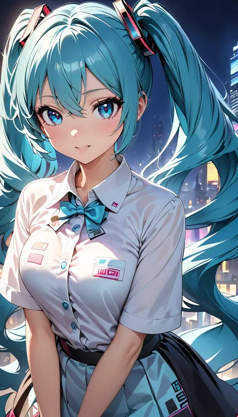   pretty girl 、 One Girl 、(( Hatsune Miku ,  Light Blue Eyes ,  aqua hair, bangs, whole body,  hair caught between eyes ,  long hair,  Twin Tails , very  long hair)),  beautifully detailed eyes、 Girl walking through the New York skyline doing desk work wit...