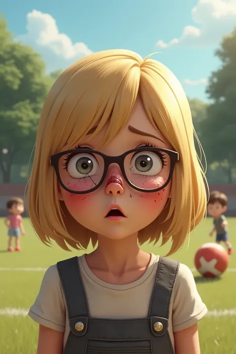 Create an image with a blonde girl with broken glasses and with a scratch on her nose after being hit by a ball