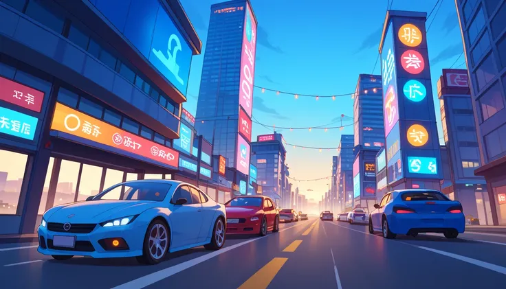 low angle bac  view shot, third person perspective, game scene full of busy game cars, virtual fantasy, flying game cars, trucks and cars on road,  "A futuristic adventure game environment where an anime girl explores on a futuristic bike a sci-fi city fil...