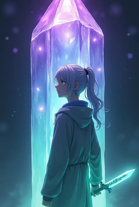  a guy with blue eyes and white hair,  collected in a ponytail , Dressed in a raincoat,  in his hands he has a blade shrouded in a green-violet aura,stands against the background of a floating ,  crystal, the top of which shines purple and green  . , a guy...