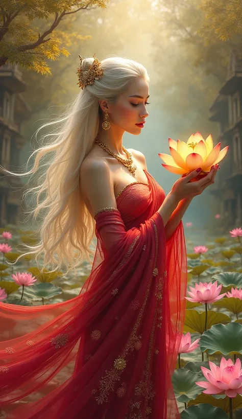 Oil painting: Gorgeous-looking, white-skinned woman, Aura wearing a shimmering fuchsia Thai dress,Long hair, flowing red, ancient Thai jewelry , holding golden lotus, shining golden lotus flower. Realistic theme beyond imagination , stream, with many lotus...