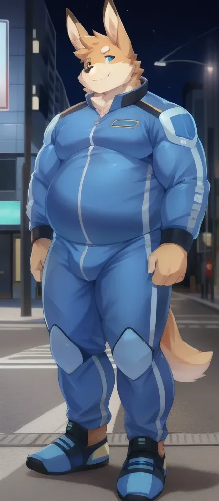 Solo, male Tall​, standing, street, Dog Kangaroo , blue military spacesuit, overweight, muscular,Lazy, by chuni