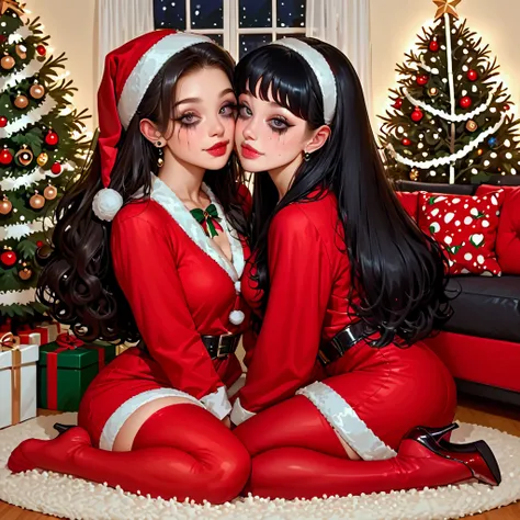 (40s animation, betty boop aesthetic) A cute woman (amazing figure, age 22, deep dark eyes, loud makeup, sexy Christmas outfit) is decorating a Christmas tree with blinking lights and ornaments, sultry, flirt, living room, show her from head to toe, full b...